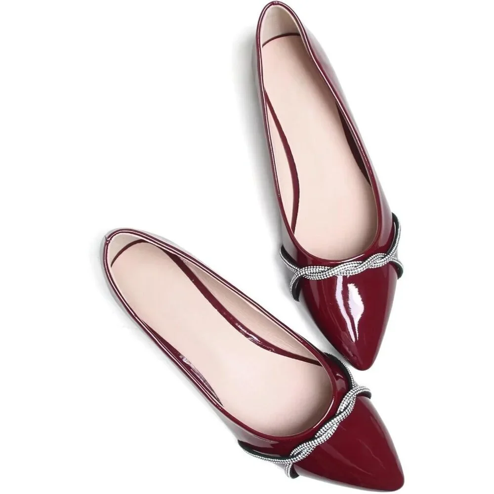 Women's Wine Red Casual Flats Fashion Chain Pointed Toe Ballet Flat Rhinestone